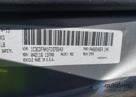 2015 Dodge Dart Se из США, поврежденный, VIN 1C3CDFAA1FD375543